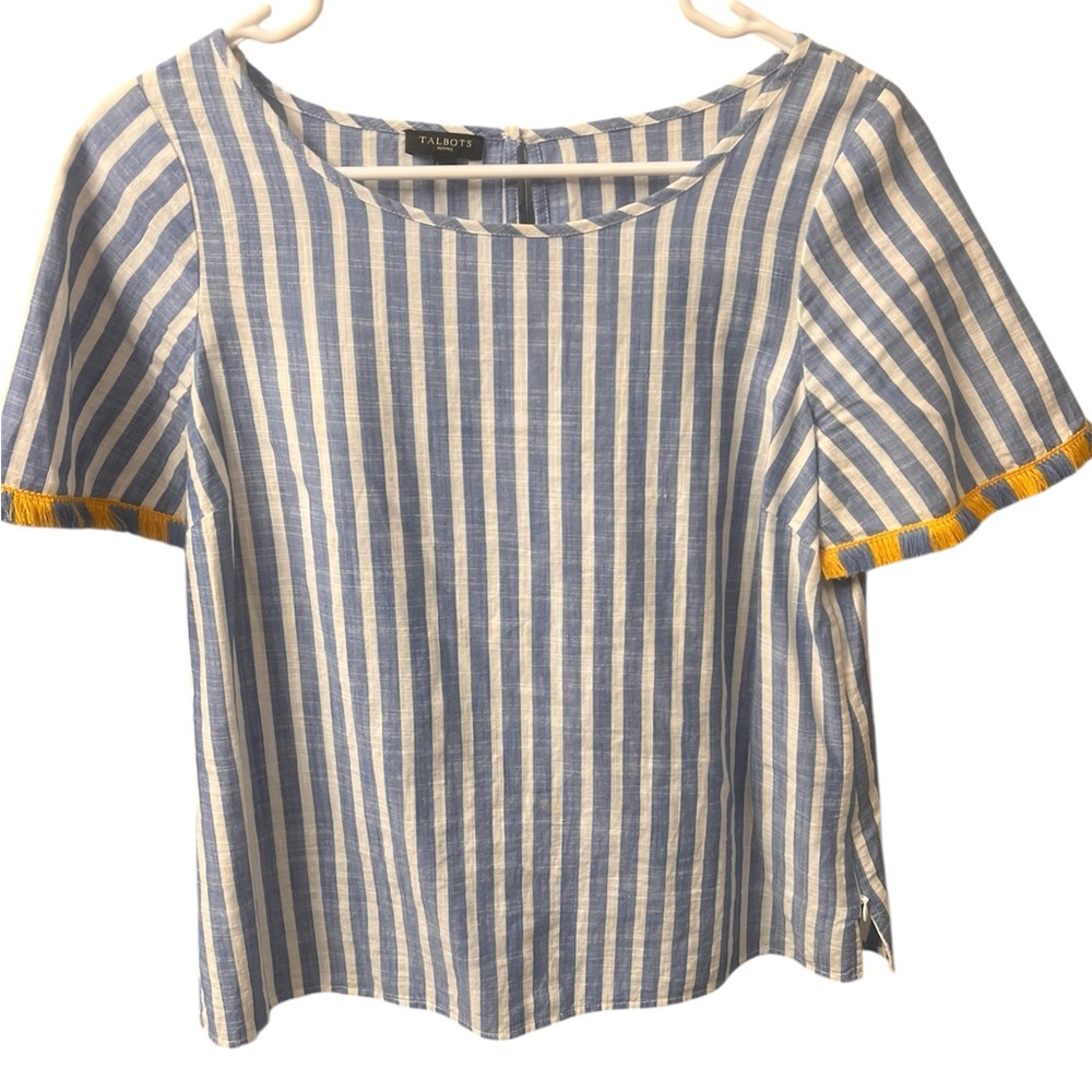 Talbots Petites Blue White Stripe Cotton Top with Yellow Trim – Size SP - Picture 6 of 8